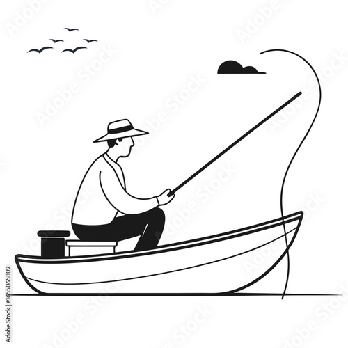 Man in a straw hat fishing from a small rowboat on the water