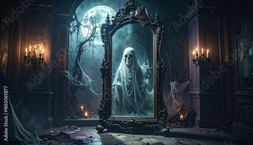 Wallpaper Mural A ghostly apparition reflected in an ornate antique mirror within a dark, haunted mansion at night. Torontodigital.ca