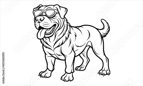Mastino Wearing Sunglasses T-Shirt Design Silhouette and Vector Line Art, Detailed Illustration Perfect for Relaxation, Adult Coloring, Stress Relief, and Printable Art Therapy.
