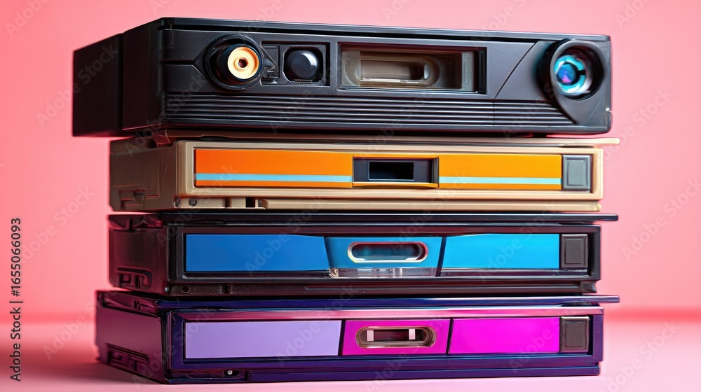 Fototapeta premium Stacked vintage cassette tapes in vibrant colors.