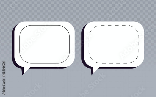 two white speech bubbles with rounded corners and a dashed line version. A clean, graphic design for communication and dialogue concepts.