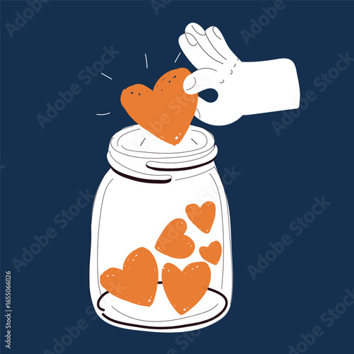 Cartoon vector illustration of a hand placing a heart into a glass jar as a symbol of saving love, care, and emotional preservation