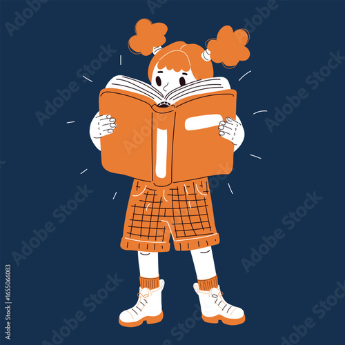 Cartoon vector illustration of a little schoolgirl standing with a book as a symbol of learning, curiosity, and education