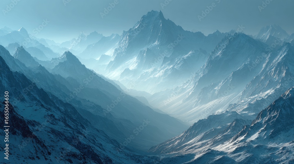 Obraz premium Majestic mountain range covered in snow with a blueish haze aesthetic