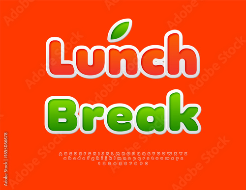 Vector Cute flyer Lunch Break. Red Sticker Font. Bright Round Alphabet Letters and Numbers set.
