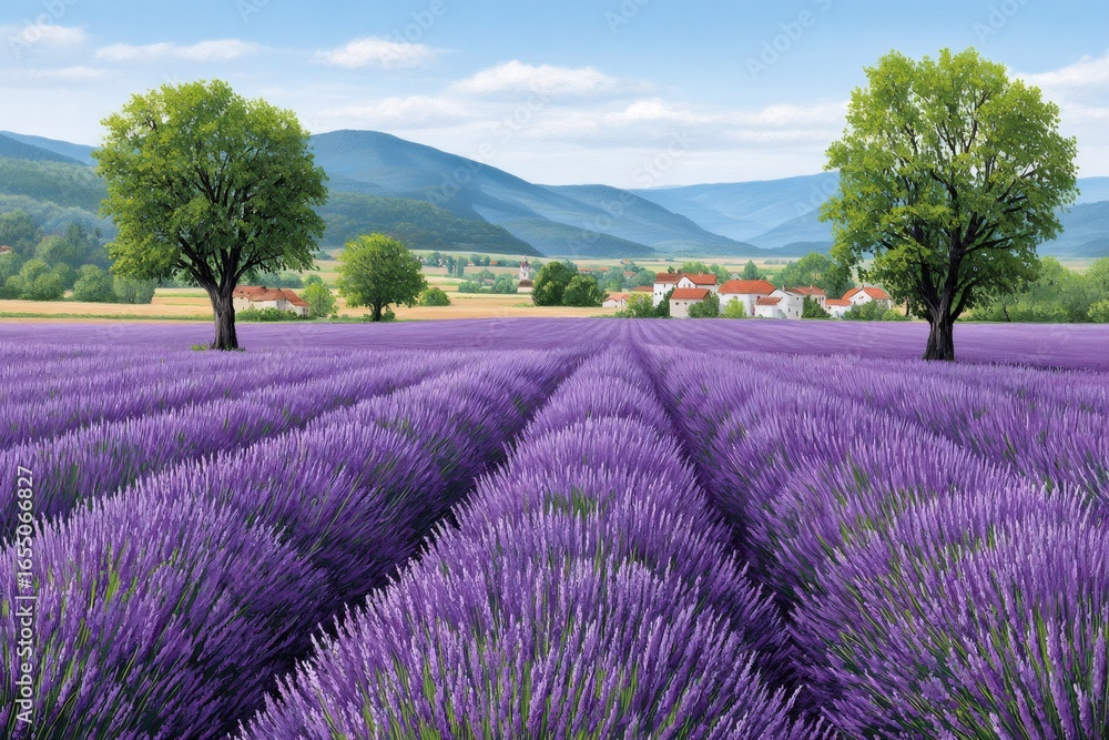 Obraz premium Blooming lavender field in provence with picturesque village and mountains
