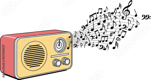 Vintage radio broadcasting cheerful musical notes, evoking nostalgia and joy