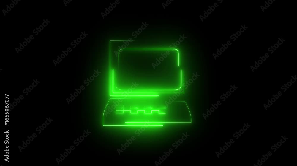 Animation of neon laptop icon on black background. Computer network icon digital and futuristic technology. Animation of neon laptop icon on black background. Computer network icon digital and futuristic technology.