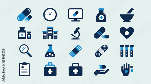 Healthcare and Medical Icon Set Featuring Medicine Research and Clinical Treatment Options for Wellness and Recovery in Blue