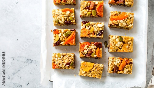 Assorted granola bars, studded with dried fruit and seeds, arranged neatly on parchment paper.