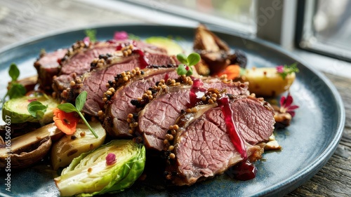 Roasted wild boar loin slices arranged on blue plate with mustard seed coating and cranberry sauce, served with Brussels sprouts and mushrooms