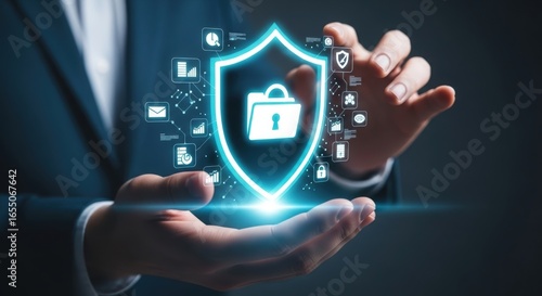 Businessman s hands presenting a glowing digital shield with a briefcase and lock icon symbolizing data protection and cybersecurity