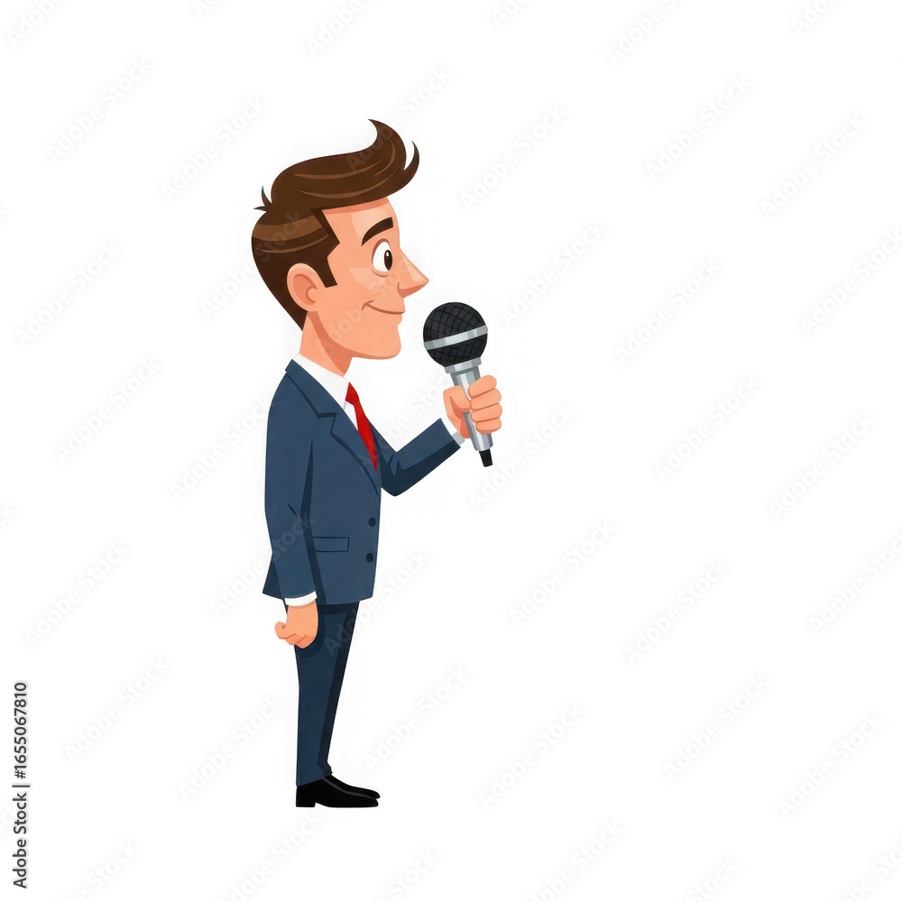 Fototapeta premium A cartoon man in a suit is holding a microphone, giving a speech or presentation, isolated on transparent background, side view illustration