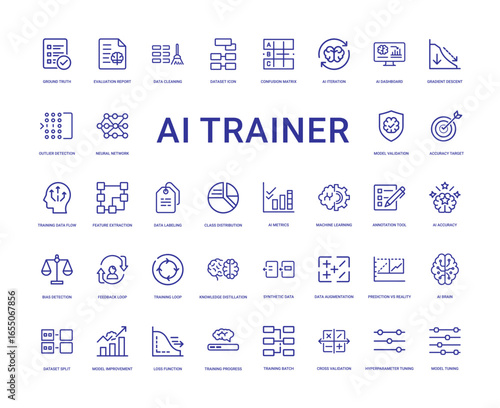 ai trainer trains models, refining datasets, improving AI accuracy icon set