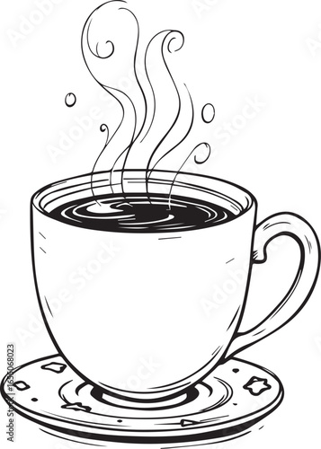 Black and white line drawing of a steaming cup on a saucer with decorative accents—ideal for coloring or cozy-themed designs
