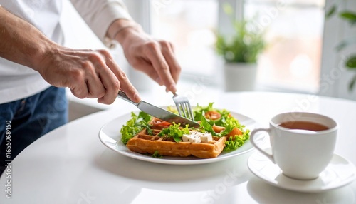 Wallpaper Mural Person enjoying breakfast waffle with salad and tea cup near window with plant Torontodigital.ca