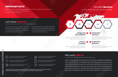 Modern business brochure layout: red and black geometric design, white text, interconnected hexagon icons, world map backdrop, clean lines, professional ambiance, top-down view.