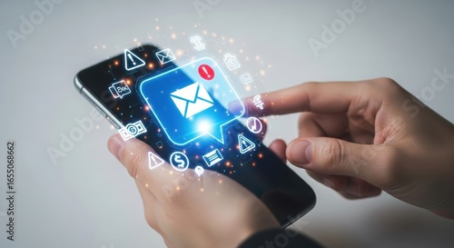 Close up of a hand holding a smartphone displaying a glowing email notification with digital icons surrounding the screen