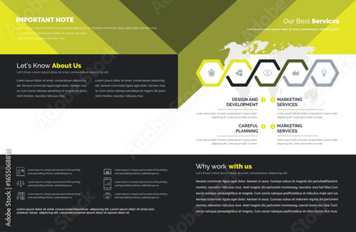 Modern brochure layout: dark background, yellow accents, geometric shapes, world map, text blocks, icons, clean design, professional ambiance, informative, top-down view, balanced composition.
