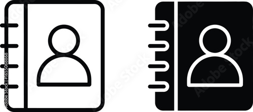 Contact Book Icons, Black and White, Ring Binder, Profile Symbols, Flat Style