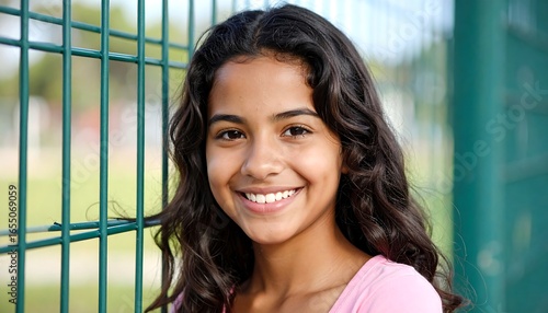 A young girl with a cheerful expression stands near a metal fence, showcasing a bright smile and healthy teeth.