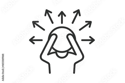 Person holding their head while feeling overwhelmed in a chaotic environment with arrows pointing in various directions