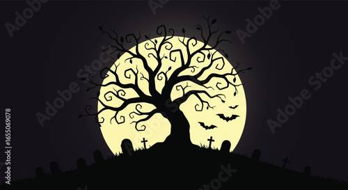 Illustration of spooky halloween night with a silhouette tree and bats