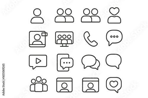 Collection of simple line icons representing social interactions and communication methods in a modern design