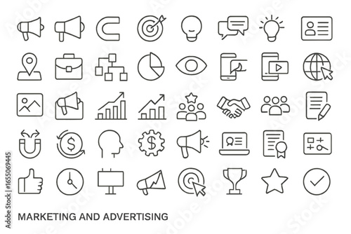 Illustration of various icons representing marketing and advertising concepts on a white background