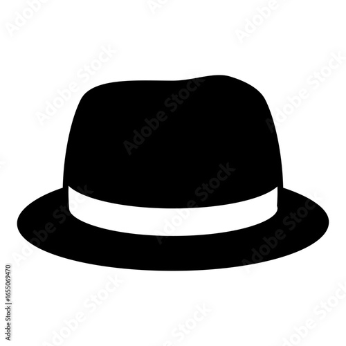 Black fedora hat icon with a white band isolated on white background