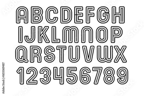Bold outline letters and numbers displayed in a creative layout for design projects and educational purposes