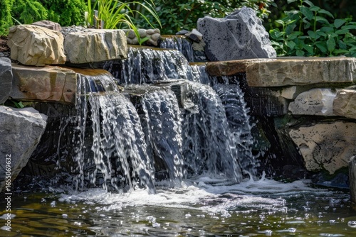 Water gracefully flows over rocks, creating a tranquil waterfall in a serene garden pond setting