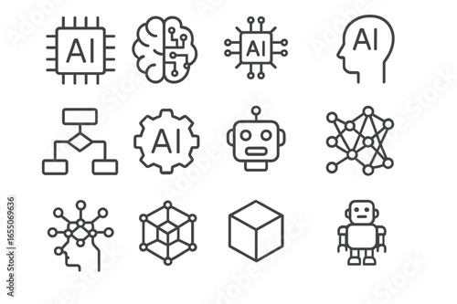 Collection of AI-related icons showcasing various aspects of artificial intelligence in modern technology