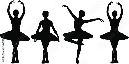 Ballet dancer silhouettes, tutu, classical pose, graceful movement, stage performance, elegance, poise, flexibility, art, culture, choreography, posture, style, tradition, female, dancer, black, white