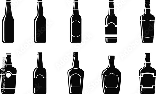 Bottle silhouettes, packaging, branding, label designs, beer bottle, liquor bottle, beverage, drink, alcohol, wine, soda, container, mockup, template, product, design, black, white, illustration