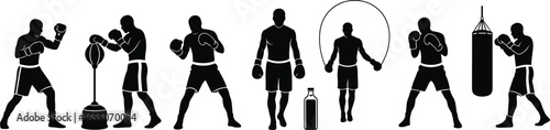 Boxing silhouettes with fighters, punching bags, skipping rope, training equipment, combat sports, fitness exercise, self defense, athletic movement, gym concepts