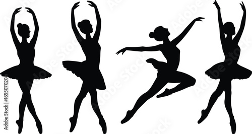 Elegant ballet dancer silhouettes, graceful tutus, classical dance poses, artistic performance, stage elegance, flexibility, poise, movement, beauty, choreography, feminine art, posture, style