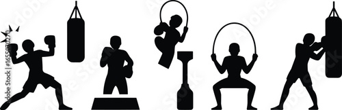 Exercise silhouettes, boxing, platform pose, jump rope, squat jump rope, punching bag, workout, fitness, training, sport, gym, health, strength, muscle, vector, design, black, white