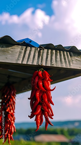 Red chili peppers hanging to dry under a rustic roof.