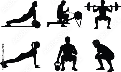Exercise silhouettes, medicine ball plank, rowing machine, barbell squat, extended plank, kettlebell squat, squat pose, workout, fitness, training, sport, gym, health, strength, muscle, vector