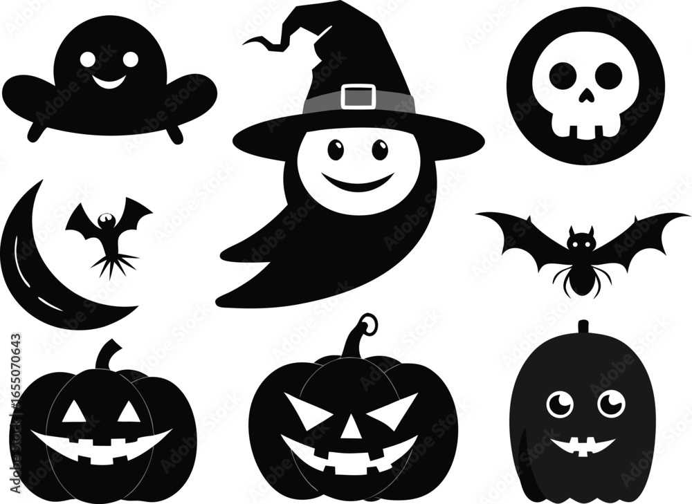Fototapeta premium Black Silhouette of a Stylish Beard and Mustache, Pamkin,Halloween Vector Illustration,set of halloween icons,Halloween pumpkin silhouette collection,halloween icon silhouette vector,ghosts silhouette