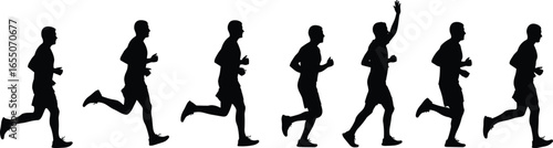 Running motion sequence silhouettes, athletic stages of sprinting, fitness exercise, marathon training, sports biomechanics, active lifestyle, track and field, celebration concepts