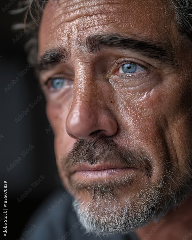 Obraz premium Intense gaze of a weathered man with striking blue eyes and expression