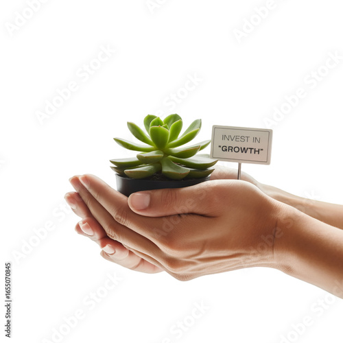 hand holding a plant isolated on white background