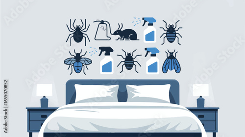 Pest control in bedroom with sprays and bugs illustration to showcase insecticide usage and eliminating bugs and other pests