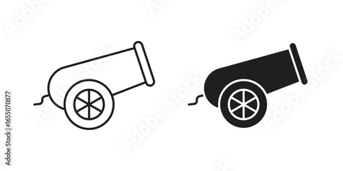 Two cannon icons, one line art and one solid black, isolated on white. Perfect for game design or historical illustrations.
