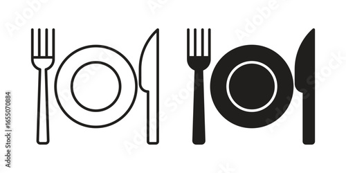 Simple line art and solid black icons of a fork, knife, and plate. Perfect for restaurant menus or websites.