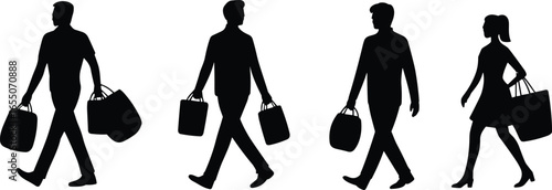 Silhouette of men and woman walking with shopping bags, retail customers, consumer lifestyle, urban shoppers, market scene, black and white vector art