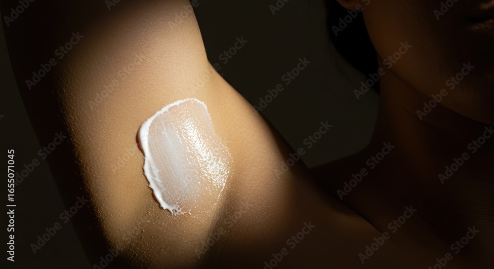 Fototapeta premium A womans arm with a thick white cream on her underarm shadowed