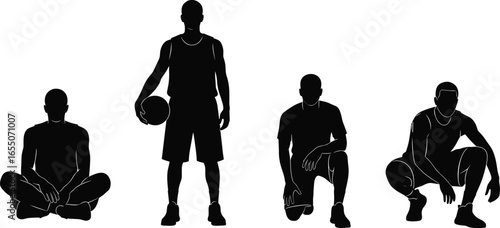 Silhouette of people in various poses, sitting, standing with basketball, kneeling, squatting, sports and lifestyle concept, black and white vector